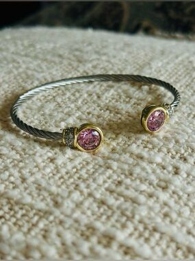 Pink Sapphire Colored Bezel-Set Two-Tone Cable Bracelet